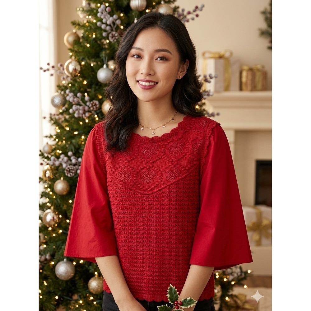 Another Love Women S Red Kamala Crochet Knit Sweater Flutter Sleeve Boho Festive